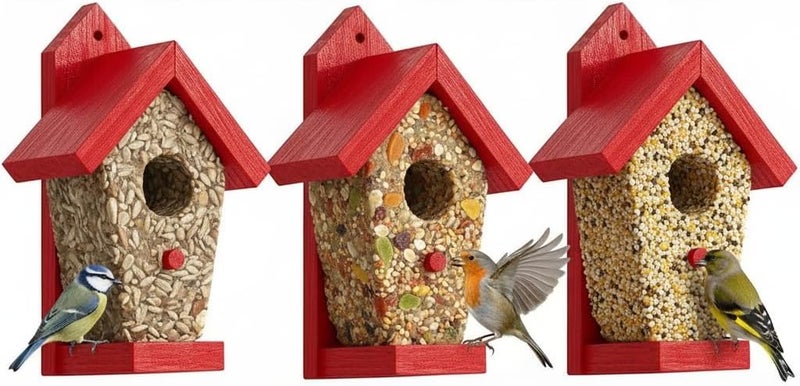 CEDAR ALPHA Seed Bird Feeder Houses with Suet Cakes, Decorative Red Wood Roof，Weather Proof, Attracts Wild Birds for Backyard, Patio, and Outdoor Feeding, Fun DIY Bird Watching Gift for Bird Lovers, Set/3 - Image 1